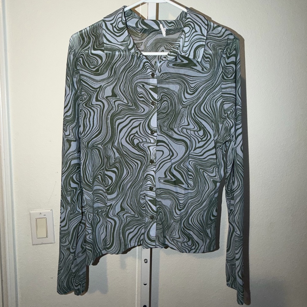 Cotton On Mesh Swirl Print Green Button Down Shirt